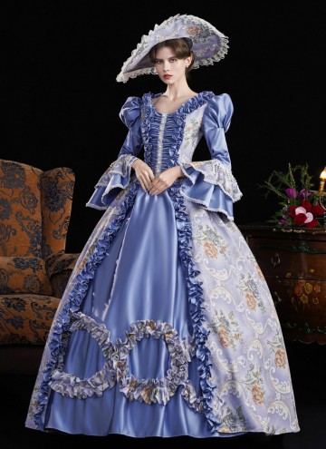 Blue Printed Cosplay Theme Party Dress Flare Sleeve Floor Length Venice Fancy Costume
