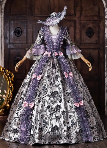 Vintage Purple Floral Brocade 18th Century Rococo Tea Party Ball Gown Lace-Up Venice Carnival Costume