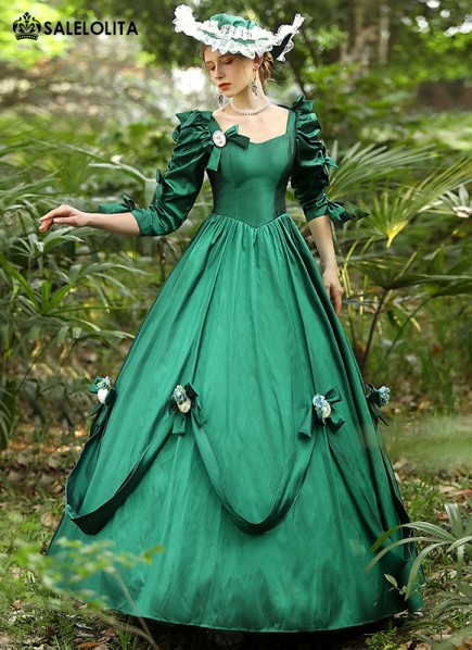 green bow dress Olive Party with Cyan flattering dress that starts with wide tank straps that support a trendy square neckline and a princess Customized Vintage Renaissance Green V-Neck