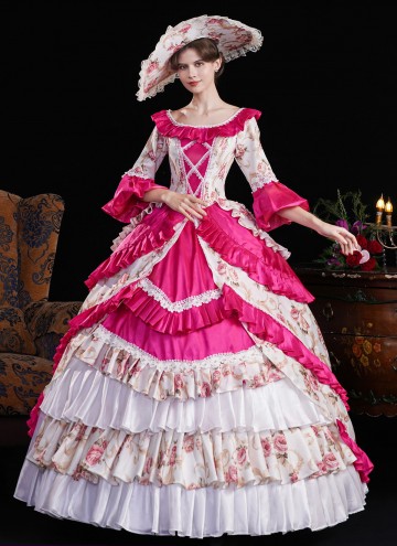 Blue Printed Ruffled Party Dress Floor Length Venice Carnival Fancy Theater Costume