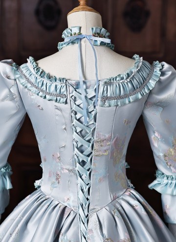 Blue Floral Brocade Bow Lace Victorian Tea Party Dress Long Sleeve Floor Length Masquerade Costume