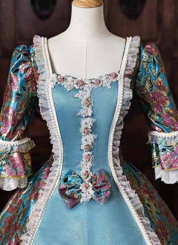 Blue Floral Brocade Masquerade Ball Gown Bow Lace Half Sleeve Flooer Length Lace-Up Corset Back Fantasy Clothing