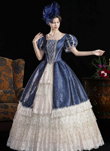 Customized Holiday Dark Blue Lace Ruffled Masquerade Ball Gown Inspired Cosplay Theater Costume