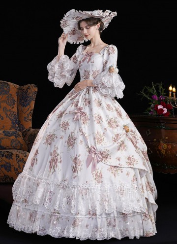 Purple Lace Flower Masquerade Dress Flare Sleeve Floor Length Floral Princess Theater Costume