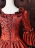Vampire Red Floral Brocade Long Sleeves Tiered Ruffles Floor Length Masquerade Party Dress