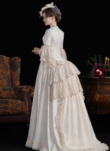 Edwardian Champagne Jacquard 1890s 1900s Vintage Downton Abbey Dress Theater Clothing