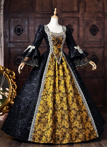 Vintage Black Brocade Gold Floral Jacquard Victorian Ball Gown Lace Long Sleeves Floor Length Historical Dark Fantasy Costume