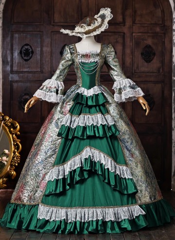 Victorian Green Floral Jacquard Brocade Masquerade Dress Venice Carnival Costume