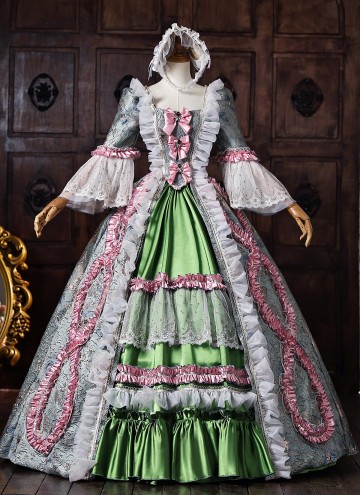 Vintage Jacquard Victorian Tea Party Dress Rococo Bow Lace Long Sleeve Floor Length 18th Century Ball Gown