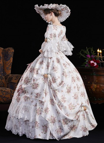 Purple Lace Flower Masquerade Dress Flare Sleeve Floor Length Floral Princess Theater Costume