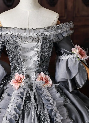 Customized Gray Brocade Off the Shoulder Marie Antoinette Ball Gown Short Sleeve Flower Lace Rococo Masquerade Dress