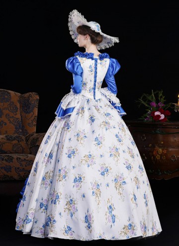 Blue Printed Cosplay Theme Party Dress Flare Sleeve Floor Length Venice Fancy Costume