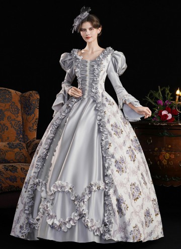 Blue Printed Cosplay Theme Party Dress Flare Sleeve Floor Length Venice Fancy Costume