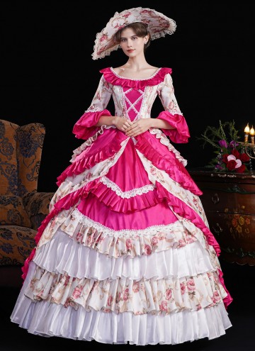 Blue Printed Ruffled Party Dress Floor Length Venice Carnival Fancy Theater Costume