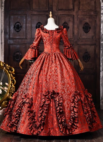 Vampire Red Floral Brocade Long Sleeves Tiered Ruffles Floor Length Masquerade Party Dress
