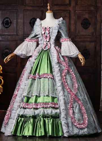 Vintage Jacquard Victorian Tea Party Dress Rococo Bow Lace Long Sleeve Floor Length 18th Century Ball Gown
