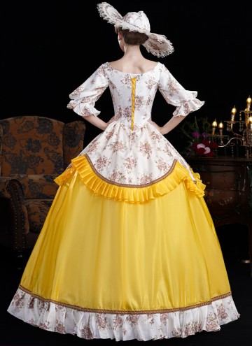 Yellow Printed Ruffled Party Dress Venice Carnival Holiday Festive Formal Gown