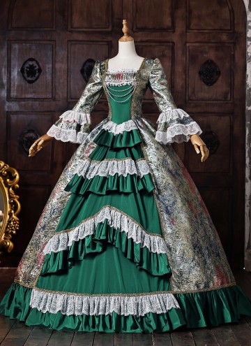 Victorian Green Floral Jacquard Brocade Masquerade Dress Venice Carnival Costume