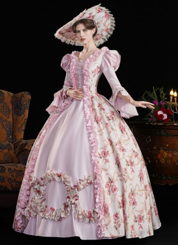Pink Printed Party Dress Flare Sleeve Floor Length Venice Carnival Costume