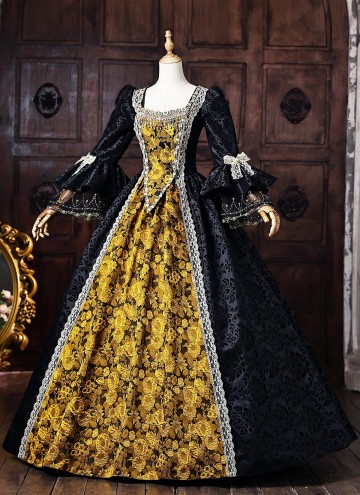 Vintage Black Brocade Gold Floral Jacquard Victorian Ball Gown Lace Long Sleeves Floor Length Historical Dark Fantasy Costume