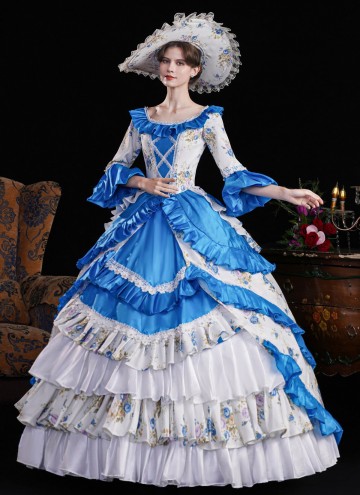 Blue Printed Ruffled Party Dress Floor Length Venice Carnival Fancy Theater Costume
