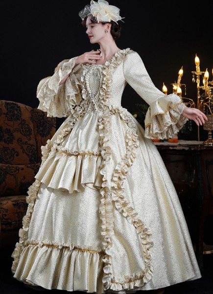 18th Century Victorian ballroom Dress Champagne Floral Jacquard Lace Rufles Long Marie Antoinette Dresses