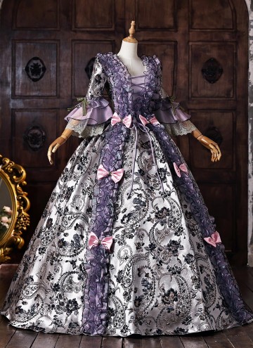 Vintage Purple Floral Brocade 18th Century Rococo Tea Party Ball Gown Lace-Up Venice Carnival Costume