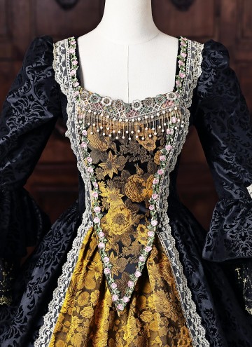 Vintage Black Brocade Gold Floral Jacquard Victorian Ball Gown Lace Long Sleeves Floor Length Historical Dark Fantasy Costume