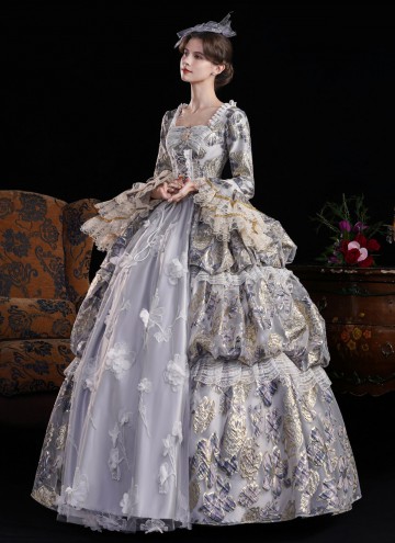 Women Gray Jacquard Multi Layered Festive Formal Gown Masquerade Party Dress