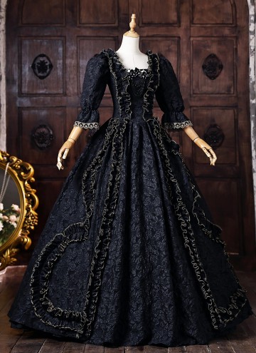Black Floral Historical Gothic Victorian Ball Gown Half Puff Witch Halloween Costume