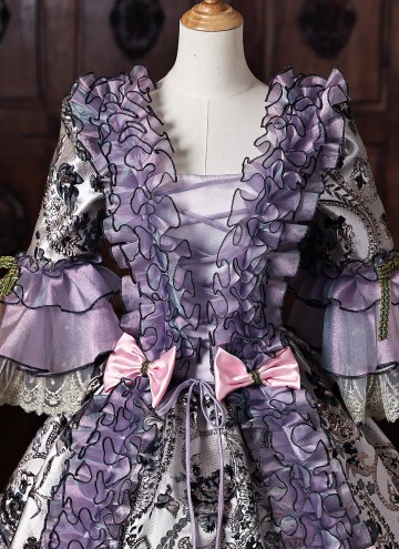 Vintage Purple Floral Brocade 18th Century Rococo Tea Party Ball Gown Lace-Up Venice Carnival Costume
