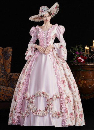 Pink Printed Party Dress Flare Sleeve Floor Length Venice Carnival Costume