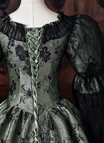 Dark Green Floral Brocade Baroque Victorian Masquerade Dress Lace Puff Sleeves Venice Carnival Holiday Festive Formal Gown
