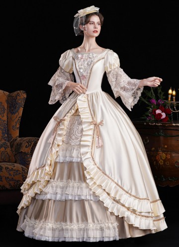 Champagne Lace Ruffled Party Formal Gown Women Stage Theater Costume