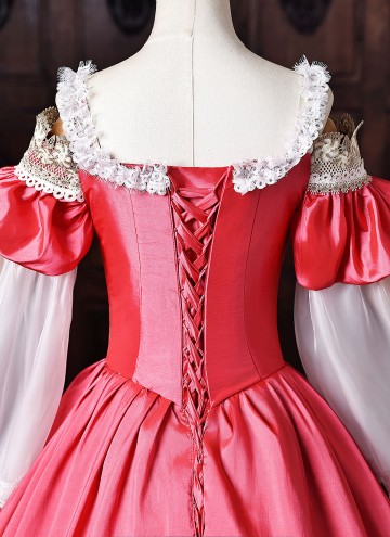 Pink Floral Brocade Off the Shoulder Masquerade Stage Dress Bell Sleeves Fantasy Costume