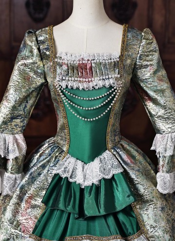 Victorian Green Floral Jacquard Brocade Masquerade Dress Venice Carnival Costume