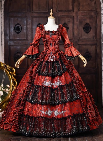 Vampire Red Floral Brocade Long Sleeves Tiered Ruffles Floor Length Masquerade Party Dress