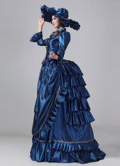 19th Century Navy Blue Long Sleeve Lace Victorian Bustle Gown Edward Dress Historical Costume