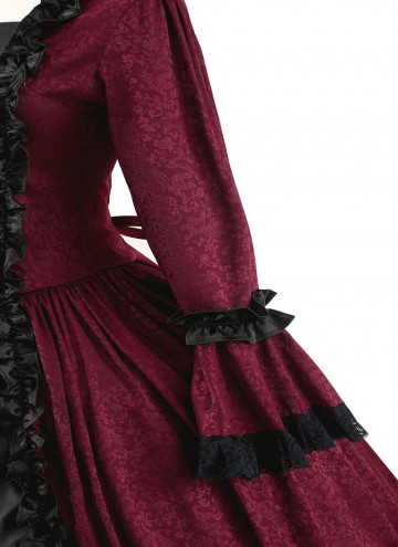 18th Century Burgundy Jacquard Victorian Dress Women Masquerades Historical Dresses