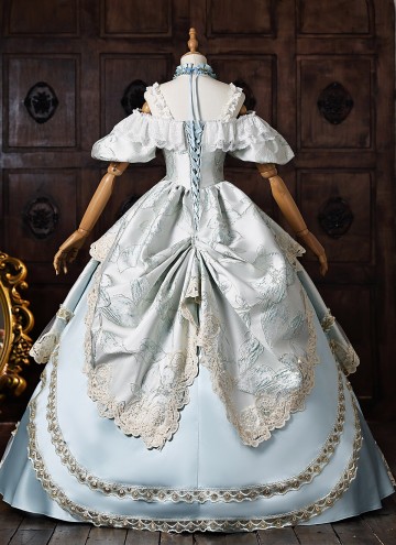Light Blue Jacquard Party Ball Gown Lacce Short Sleeve Off the Shoulder Theater Costume