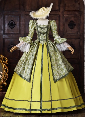 Yellow Green Floral Brocade Rococo Formal Party Dress Lace Long Sleeve Theater Costume