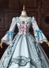 Blue Floral Brocade Bow Lace Victorian Tea Party Dress Long Sleeve Floor Length Masquerade Costume