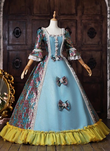 Blue Floral Brocade Masquerade Ball Gown Bow Lace Half Sleeve Flooer Length Lace-Up Corset Back Fantasy Clothing