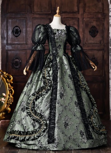 Dark Green Floral Brocade Baroque Victorian Masquerade Dress Lace Puff Sleeves Venice Carnival Holiday Festive Formal Gown