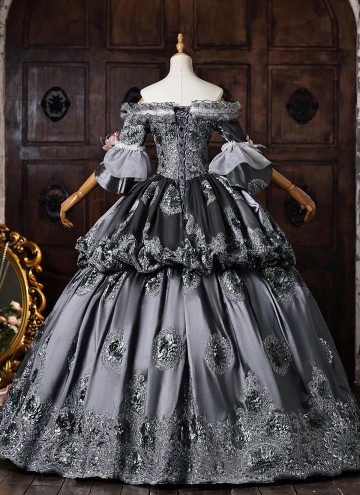 Customized Gray Brocade Off the Shoulder Marie Antoinette Ball Gown Short Sleeve Flower Lace Rococo Masquerade Dress