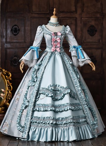 Blue Floral Brocade Bow Lace Victorian Tea Party Dress Long Sleeve Floor Length Masquerade Costume