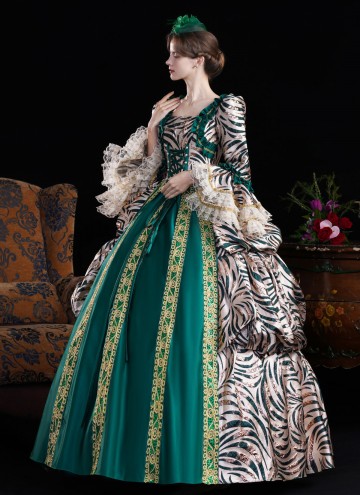 Green Brocade Satin Zebra-Print Multi Layered Carnival Inspired Ball Gown Cosplay Theater Costume