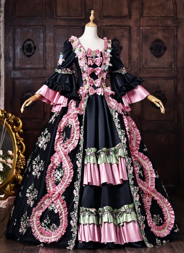 Customize Rococo Black Floral Printed Satin Masquerade Dress Venice Carnival Holiday Festive Formal Gown