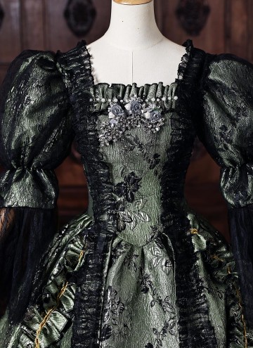 Dark Green Floral Brocade Baroque Victorian Masquerade Dress Lace Puff Sleeves Venice Carnival Holiday Festive Formal Gown