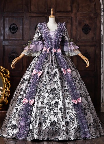 Vintage Purple Floral Brocade 18th Century Rococo Tea Party Ball Gown Lace-Up Venice Carnival Costume